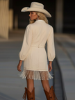 FJØRNA denim tassel mini dress for women, featuring a stylish sleeveless design with tassel details and a fitted silhouette.