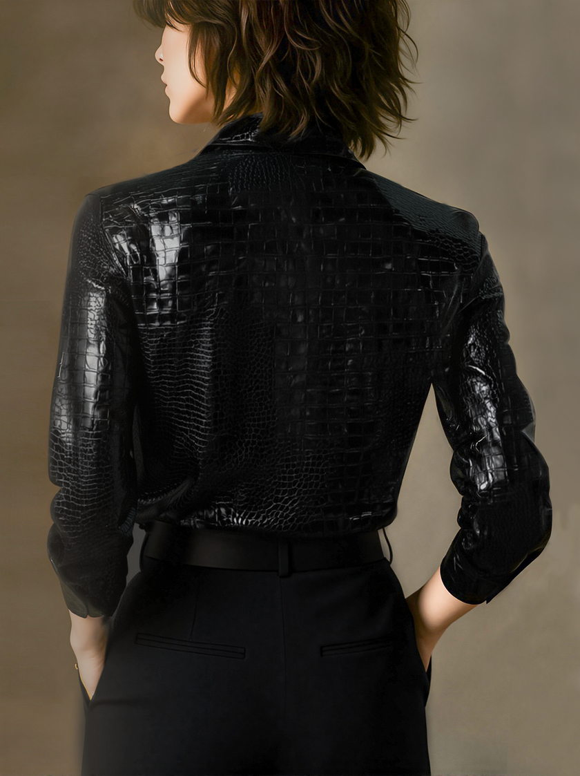 FJØRNA black crocodile-texture glossy sleeveless leather shirt, women's leather top with a sleek, shiny finish and structured design.