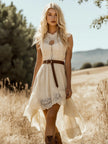 FJØRNA lace sleeveless midi dress with casual style, featuring delicate lace fabric and a fitted silhouette on a model.