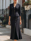 FJØRNA textured buttoned blazer and midi skirt set for ladies, featuring tailored fit and stylish design, perfect for elegant occasions.