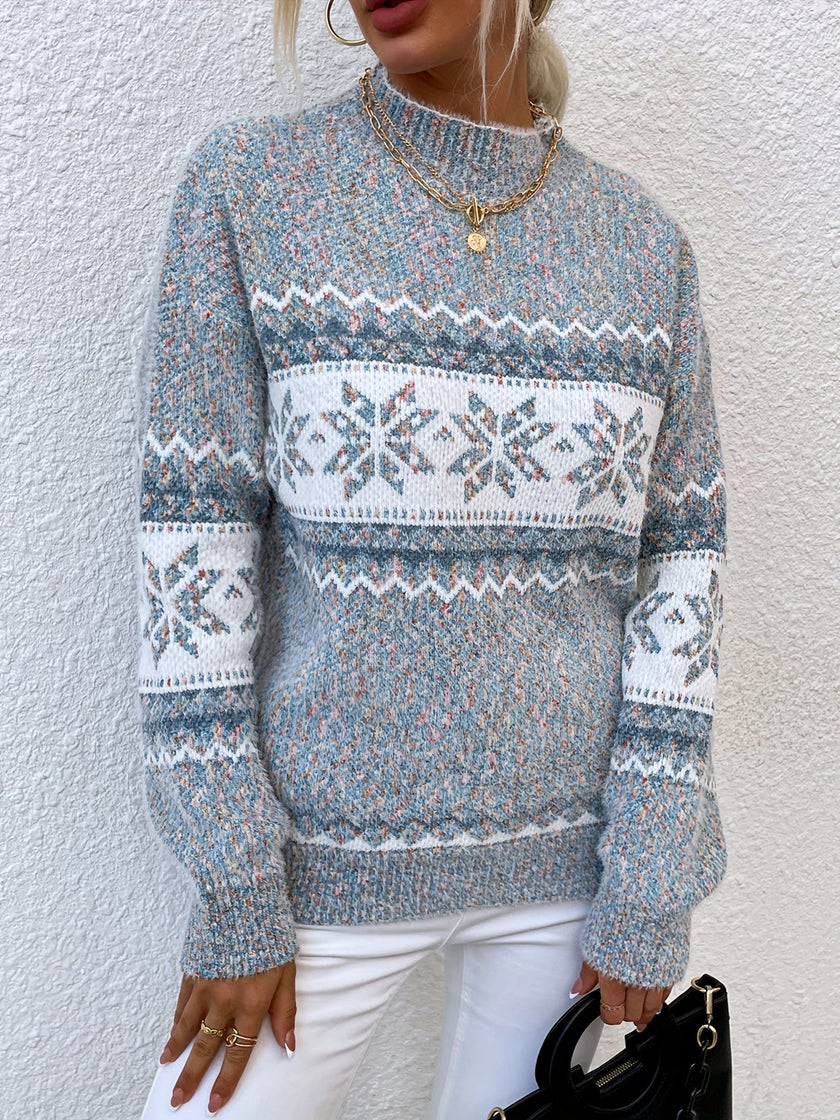 Fair Isle Christmas Sweater Snowflake Chunky Knit Half Turtleneck Holiday Jumper | Heidi