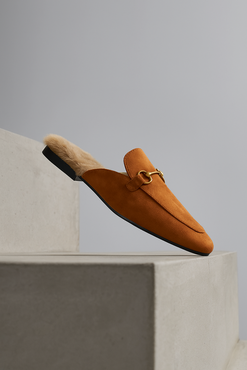 FJØRNA women's plush fur-lined slip-on mule slippers with elegant design and comfortable plush interior.