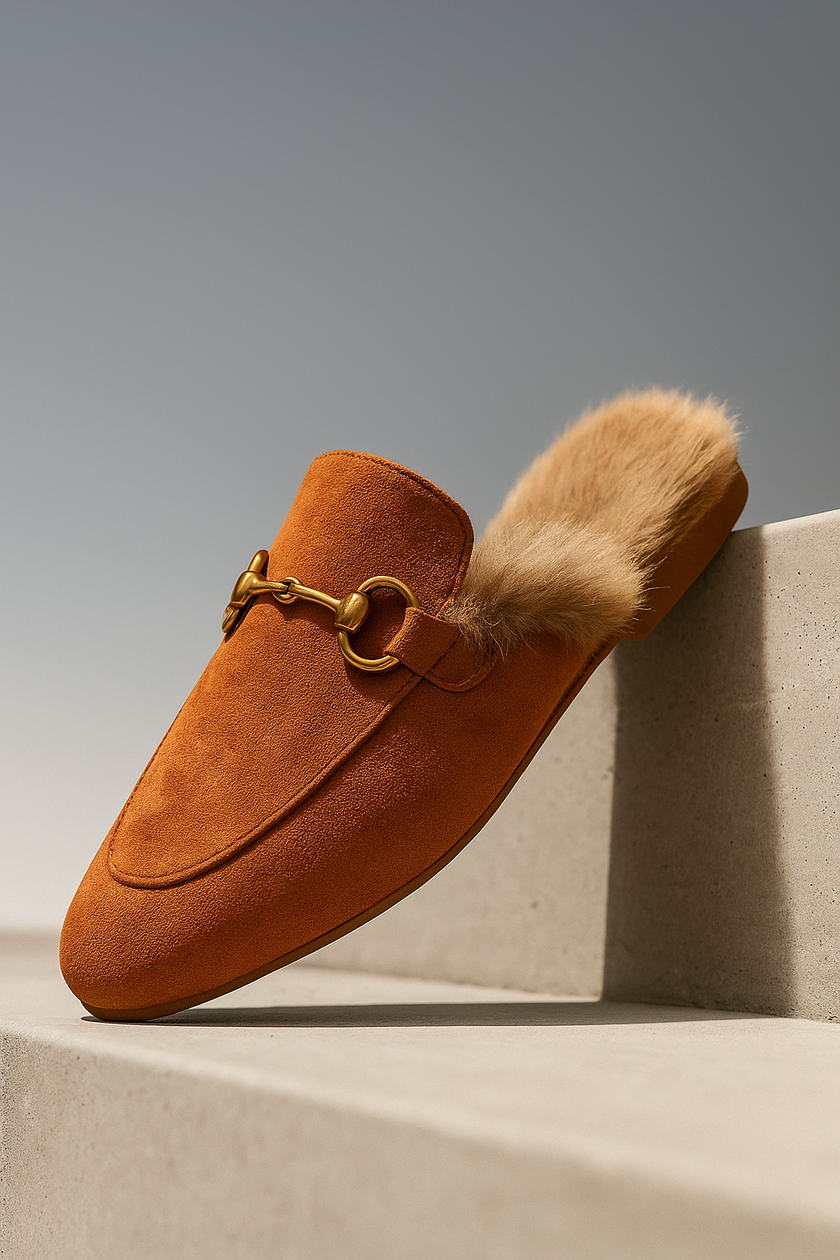 FJØRNA women's plush fur-lined slip-on mule slippers with elegant design and comfortable slip-on style.