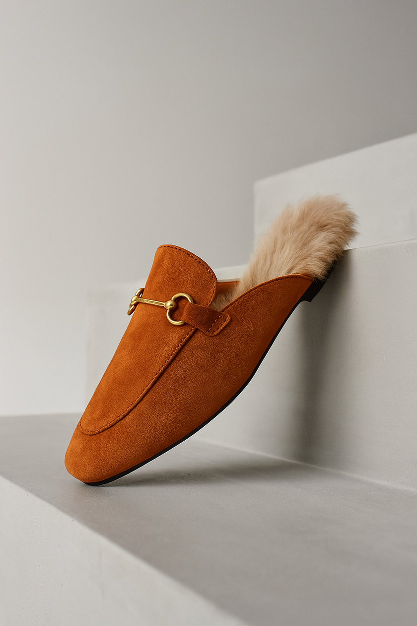 FJØRNA women's fur mule slippers with plush lining and slip-on design, showcasing elegant, cozy footwear for women.