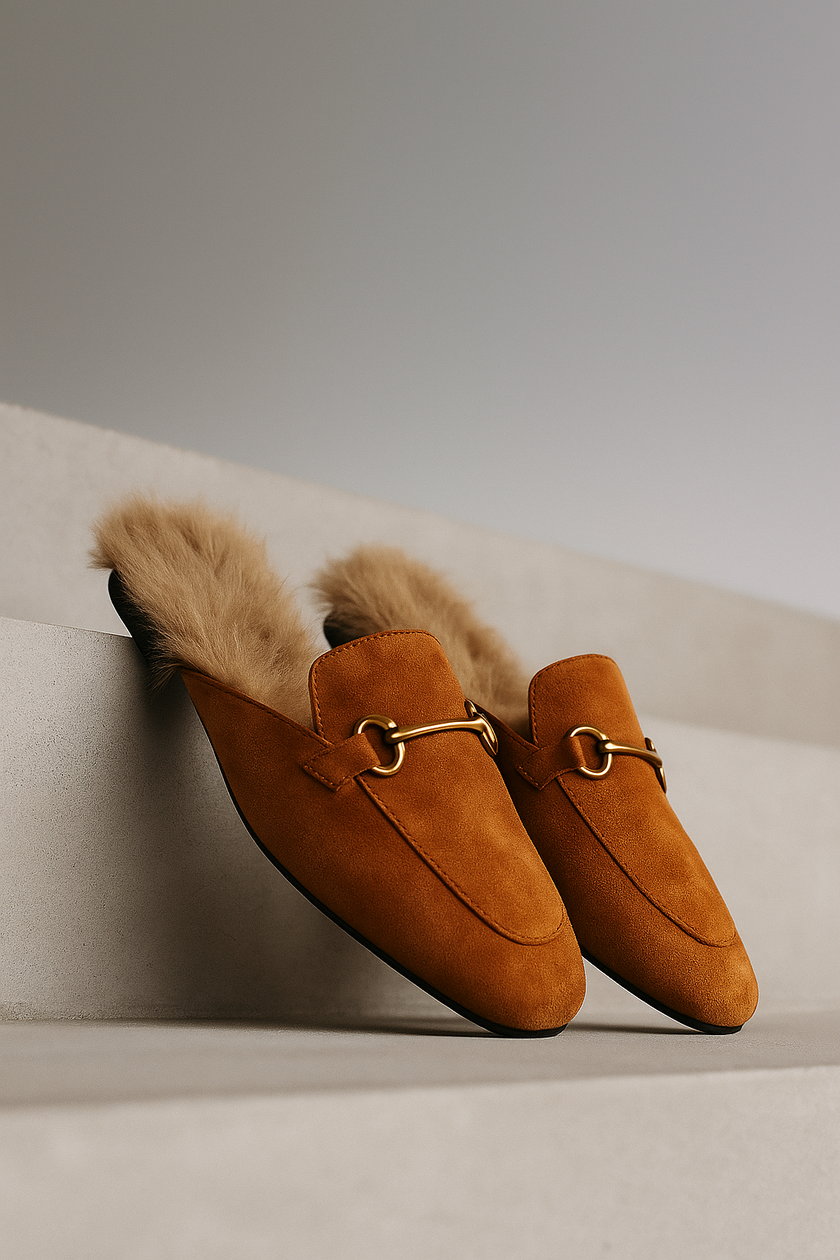 FJØRNA women's fur mule slippers with plush lining and slip-on style, showcasing cozy, elegant footwear for women.