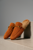 FJØRNA women's fur-lined slip-on mule slippers with plush interior, elegant design, ideal for cozy indoor wear.