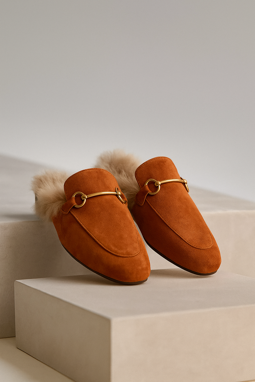 FJØRNA women's fur mule slippers with plush lining, slip-on shoes featuring a cozy, elegant design for indoor comfort.