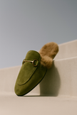 FJØRNA women's plush fur mule slippers with slip-on design and stylish green color, cozy interior for comfortable indoor wear