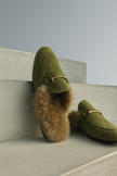 FJØRNA women’s plush green fur mule slippers with slip-on design, soft lining, and stylish loafers for cozy indoor wear