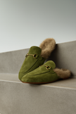 FJØRNA women’s plush green fur mule slippers with slip-on design, stylish and cozy indoor shoes with soft lining.