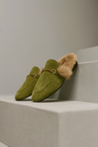 FJØRNA women's fur mule slippers with plush lining and slip-on design in stylish green for cozy comfort and luxury.