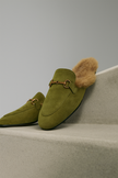 FJØRNA women's plush green fur mule slippers with slip-on design and cozy lining, stylish and comfortable footwear for women.