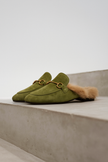 FJØRNA women's plush green fur mule slippers with slip-on design and cozy lining, stylish and comfortable footwear for women.