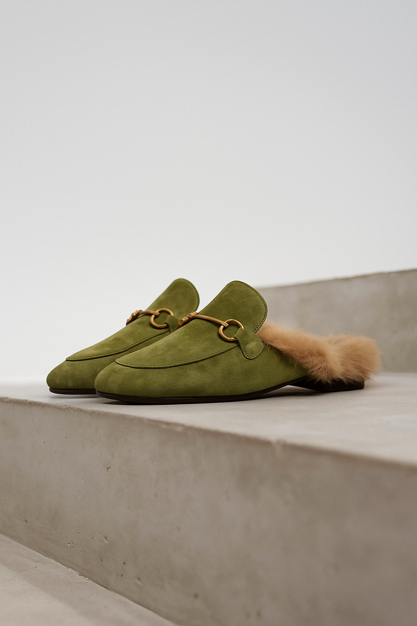 FJØRNA women's plush green fur mule slippers with slip-on design and cozy lining, stylish and comfortable footwear for women.