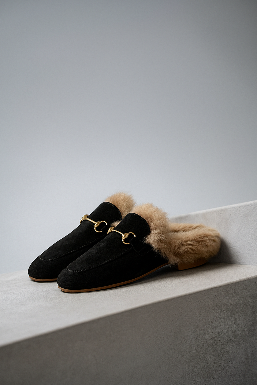 FJØRNA women's plush fur mule slippers with slip-on design and cozy lining, ideal for comfortable indoor footwear.