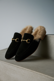 FJØRNA women's fur mule slippers with plush lining, slip-on shoes featuring elegant fur detail for cozy comfort.