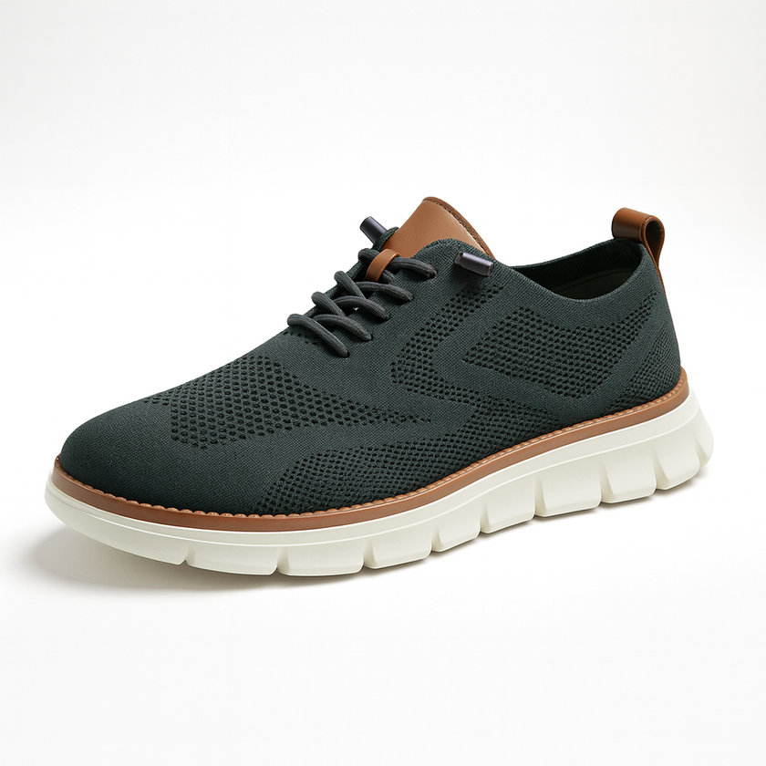 FJØRNA men's breathable knit mesh trainers with cushioned waffle-pod sole, showcasing lightweight, athletic shoe design.