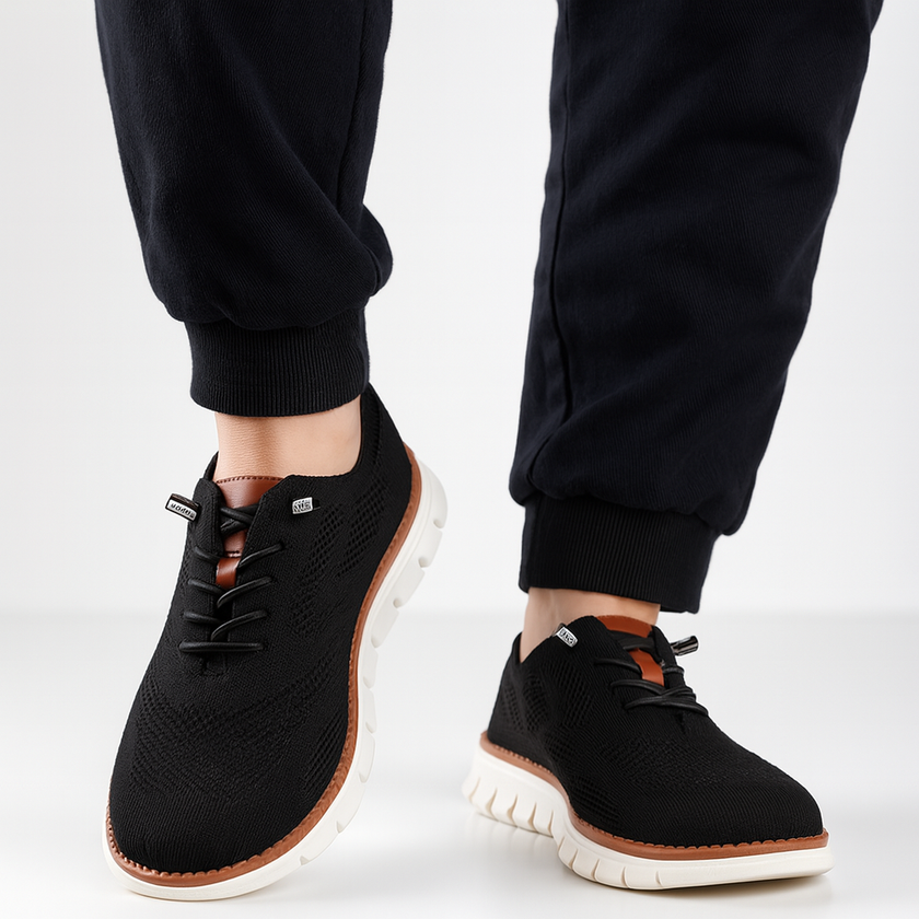Men's breathable knit mesh trainers by FJØRNA with cushioned waffle-pod sole, featuring lightweight and ventilated shoe design.