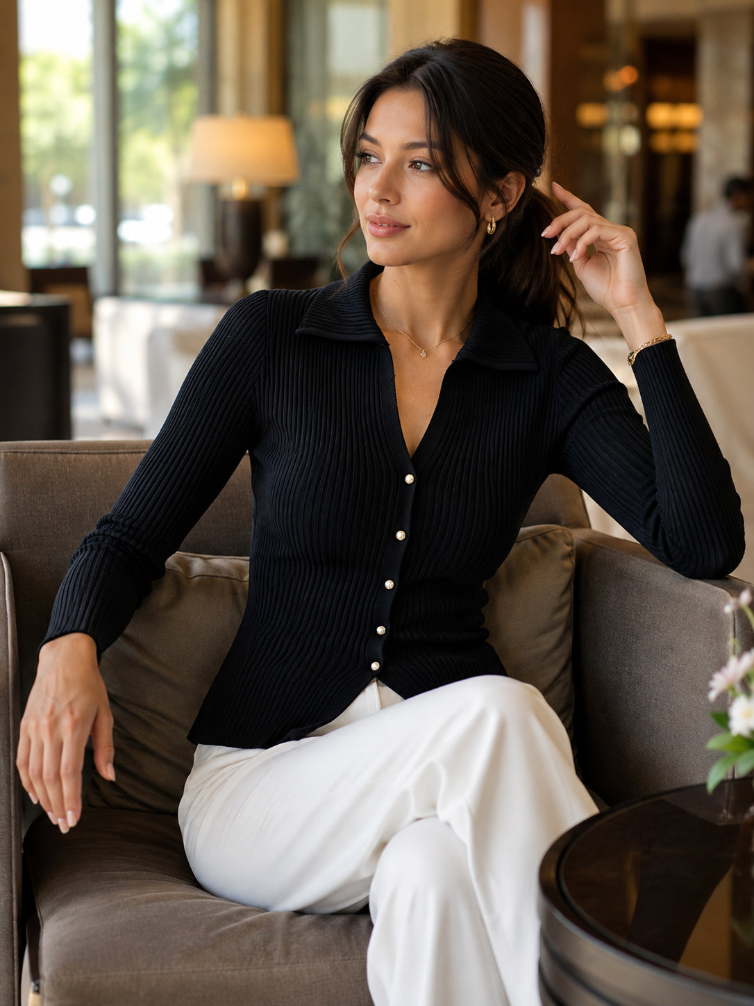 Black Ribbed Polo-Collar Sweater with V-Neck and Faux Pearl Buttons for Women