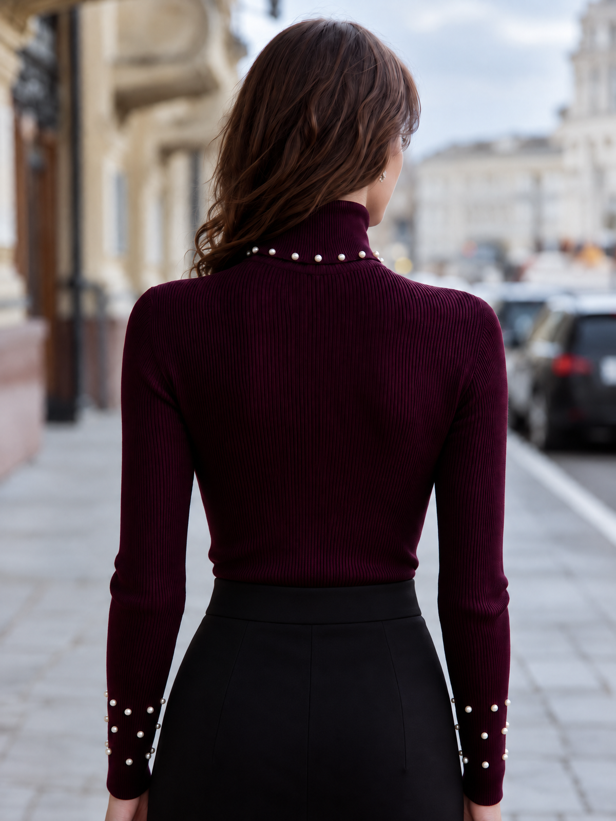 Burgundy Ribbed Turtleneck Sweater with Pearl Embellishment for Women