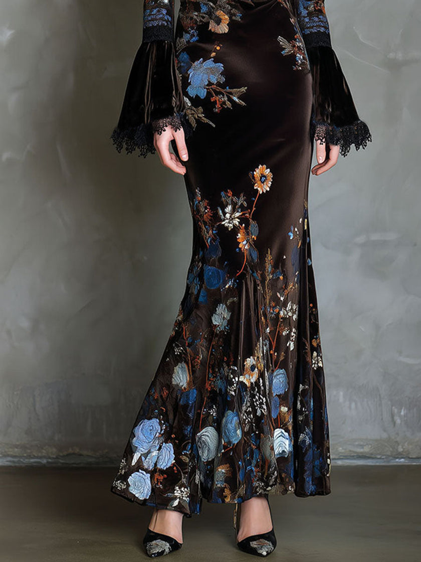 FJØRNA velvet floral evening dress with elegant design, featuring intricate floral patterns and a sophisticated silhouette.