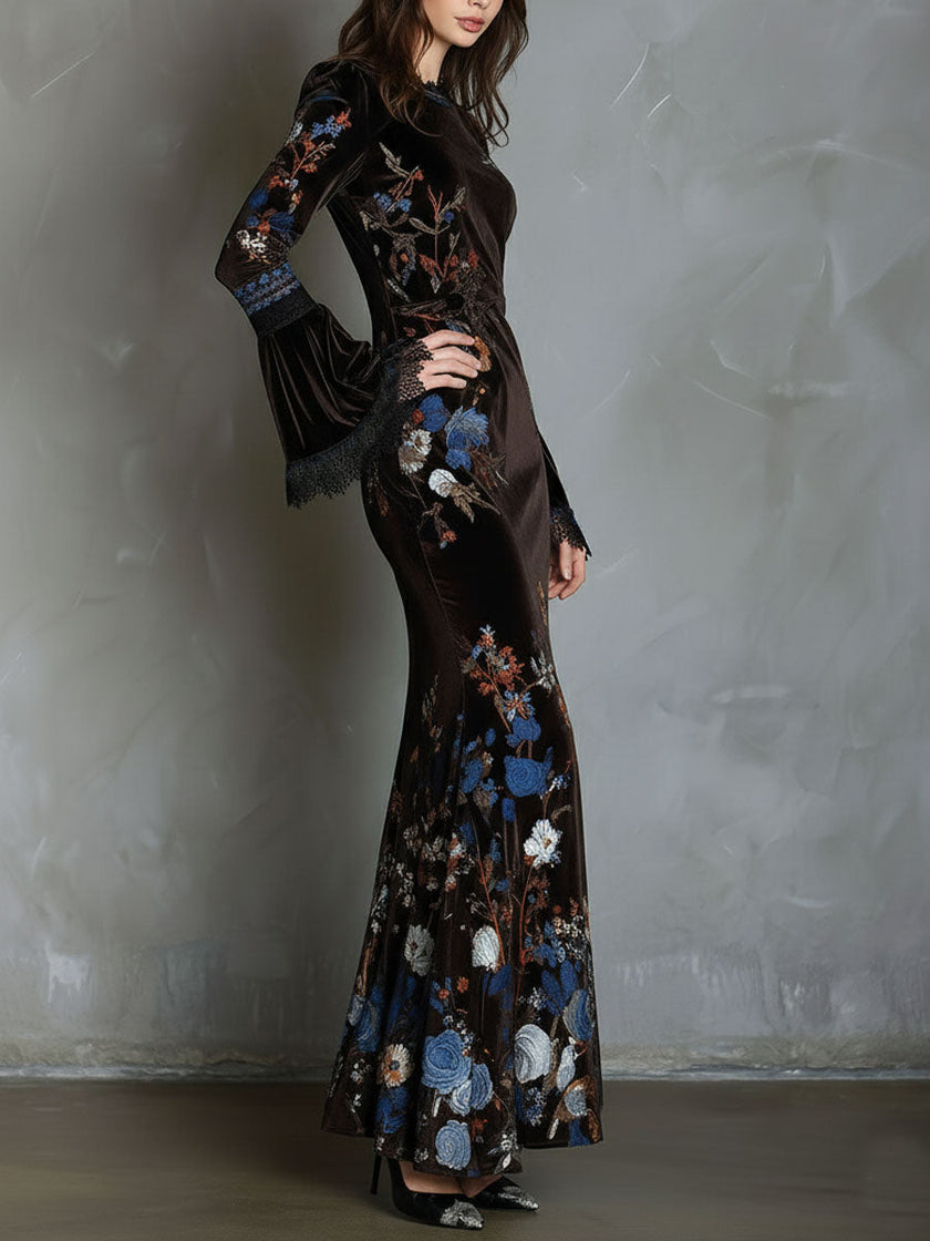 FJØRNA velvet floral evening dress with elegant design, featuring a fitted bodice and flowing skirt for formal occasions.