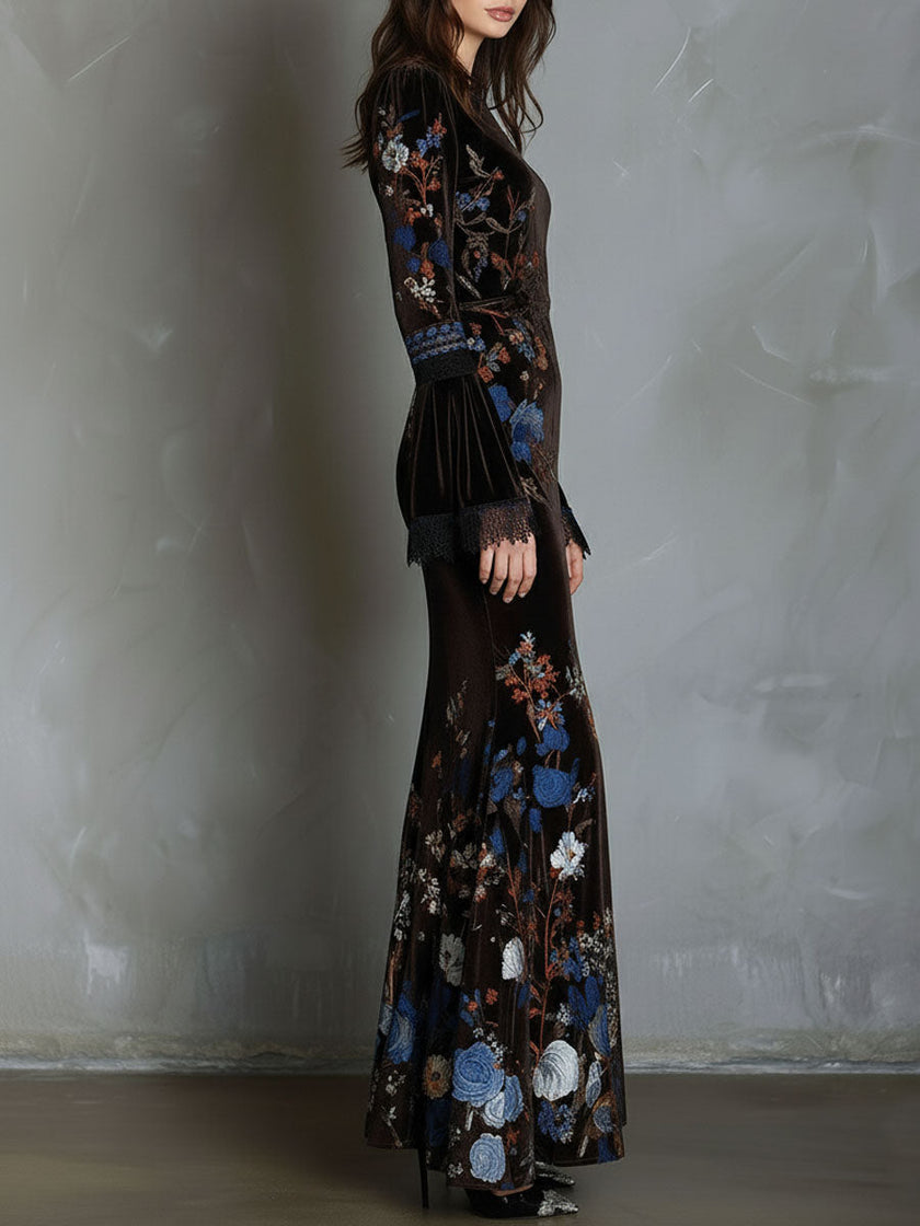 FJØRNA velvet floral evening dress with elegant design, featuring a fitted bodice and flowing skirt for formal occasions.