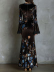FJØRNA velvet floral evening dress with elegant design, featuring a fitted silhouette and intricate floral details.
