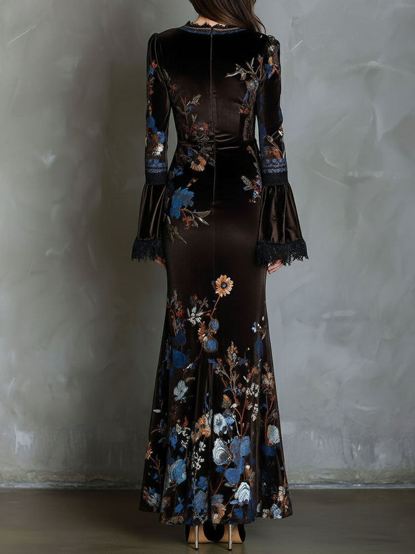 FJØRNA velvet floral evening dress with elegant design, featuring a fitted silhouette and intricate floral details.