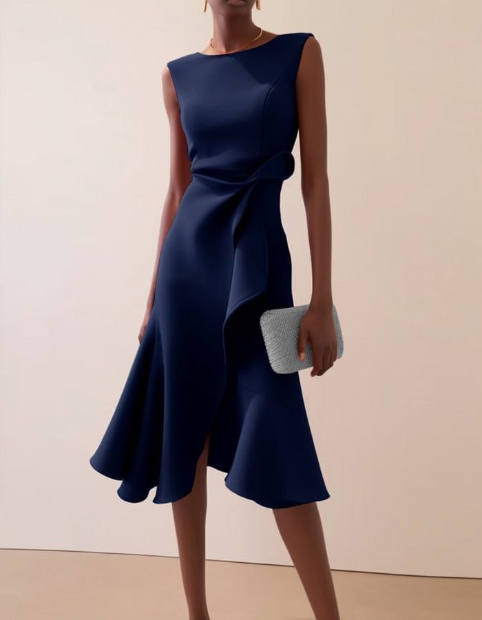 Pink FJØRNA midi dress for women with round neck, ruffle and bow details, sleeveless design, perfect for stylish summer wear.