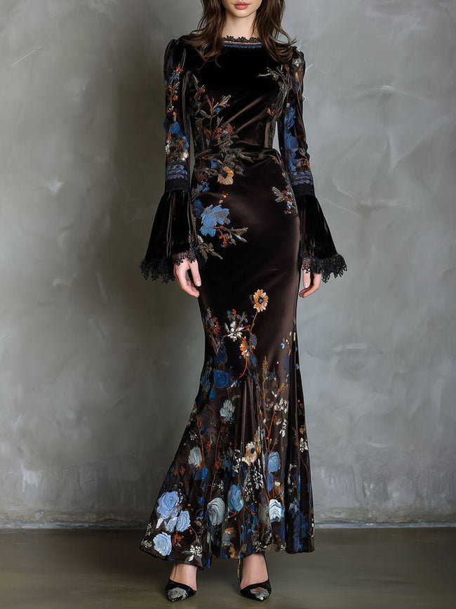 FJØRNA velvet floral evening dress featuring a sophisticated design with elegant floral patterns and a flowing silhouette.