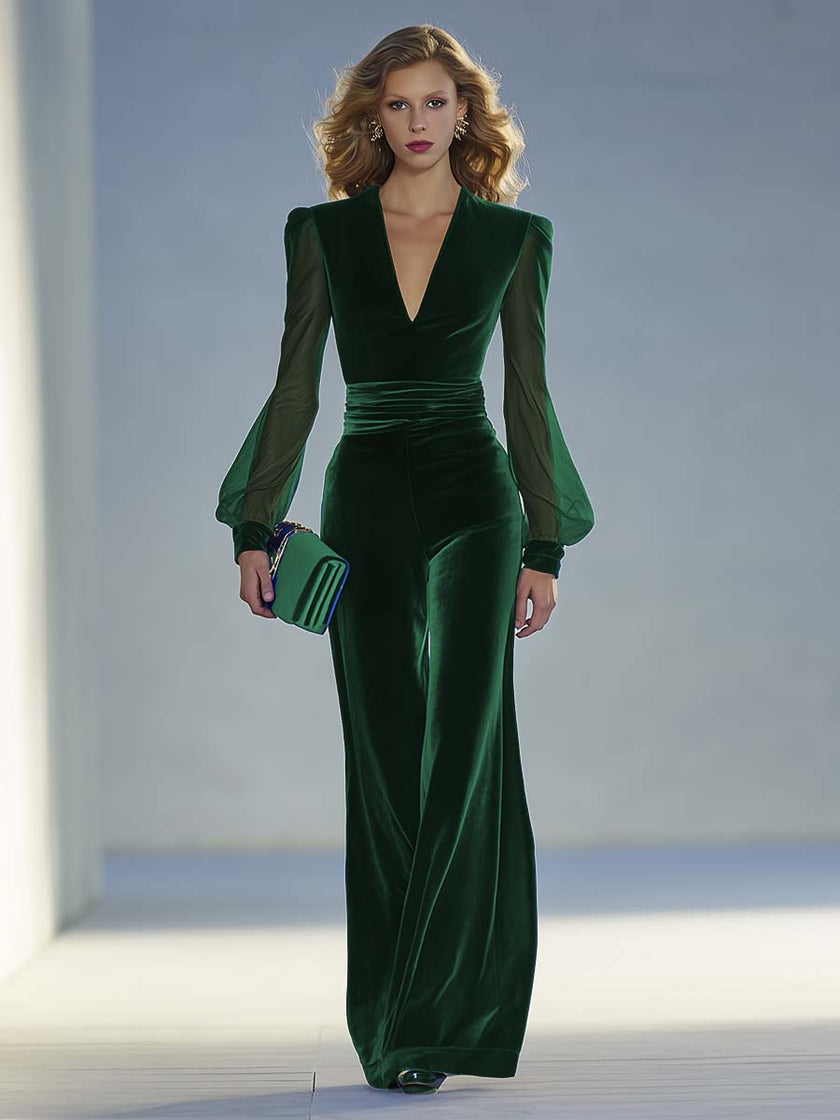 Royal blue velvet V-neck mesh long sleeve jumpsuit for women by FJØRNA, featuring a fitted silhouette and stylish design.