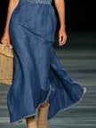FJØRNA denim strapless maxi dress, evening dress with flowing fabric and fitted bodice, styled for elegant occasions