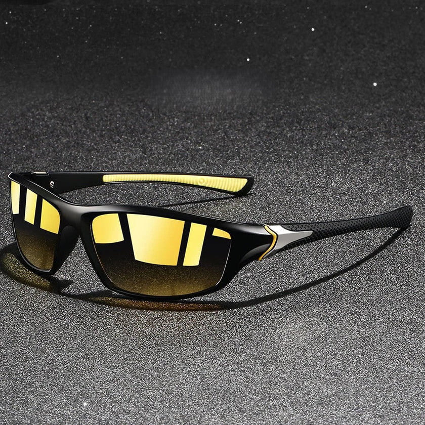 FJØRNA men's polarized wraparound UV400 sports sunglasses with sleek black frame and tinted lenses for outdoor activity.