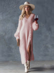 White knit V-neck midi dress for women by FJØRNA, featuring a fitted silhouette and V-neckline, hanging on a hanger.