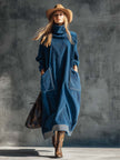 Blue corduroy midi dress by FJØRNA featuring a casual style with a fitted waist and long sleeves, displayed on a mannequin.