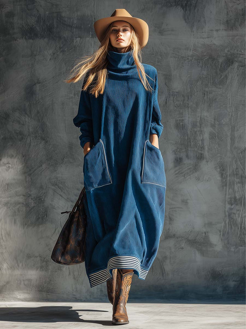 Blue corduroy midi dress by FJØRNA featuring a casual style with a fitted waist and long sleeves, displayed on a mannequin.
