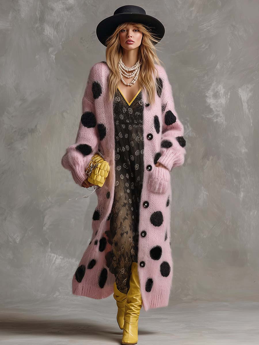 Pink Polka Dot Faux Rabbit Fur Knit Cardigan with Button Front for Women