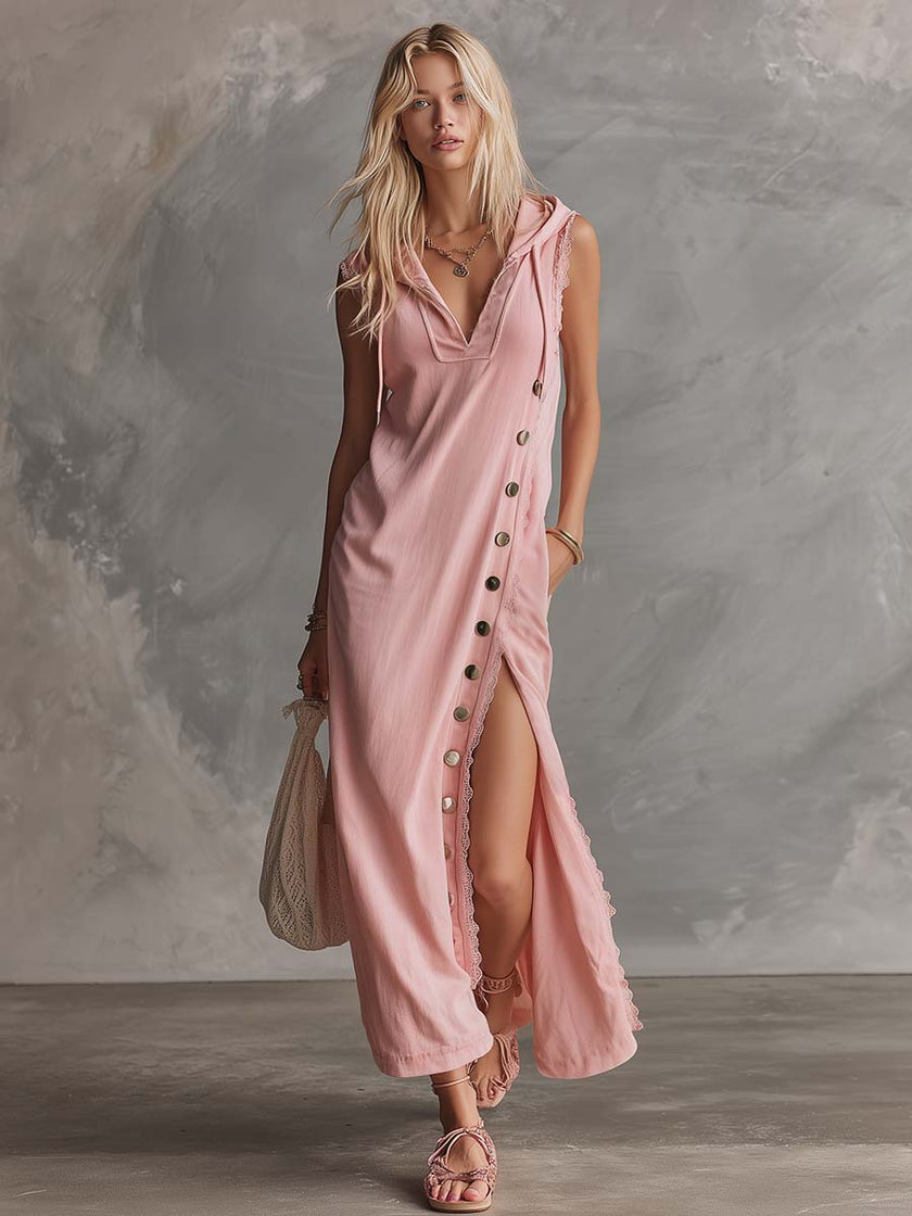 Pink lace V-neck midi dress by FJØRNA featuring delicate lace fabric and a fitted silhouette, perfect for elegant evening occasions.