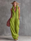 Bright green women's cotton linen jumpsuit with zip-front, designed by FJØRNA, featuring a relaxed fit and stylish silhouette.