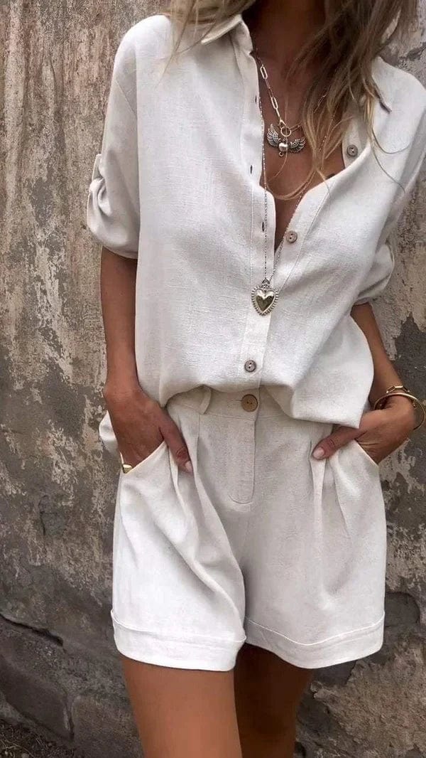 FJØRNA lightweight summer two-piece set for women, breathable and flowy, includes crop top and matching skirt or shorts.