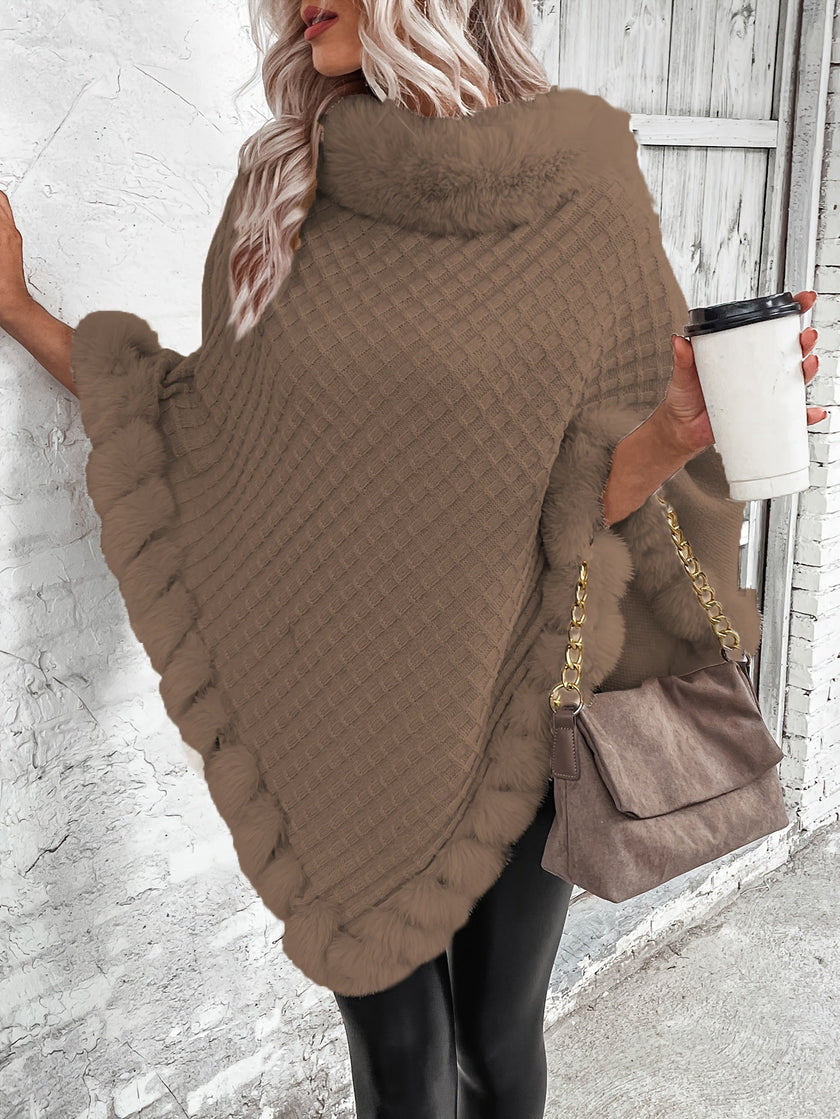 Hanne | Women's Faux-Fur Turtleneck Oversized Knit Poncho