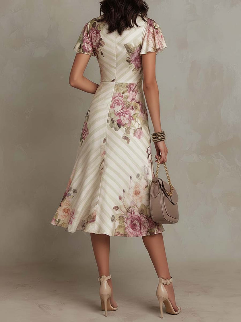 FJØRNA chiffon floral midi dress with a flowing design, perfect for evening occasions, featuring a vibrant floral pattern.