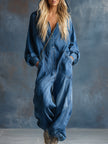Blue denim hooded jumpsuit for women with button-front long sleeves, casual and stylish FJØRNA pants.