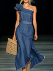 FJØRNA denim strapless maxi dress for evening, flowing denim fabric, fitted bodice, and full-length skirt, worn as stylish evening wear.