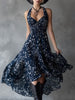 Navy blue chiffon floral maxi dress for women by FJØRNA, featuring a flowy design and vibrant floral pattern.