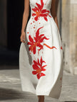 FJØRNA modern mandarin collar floral maxi dress with red lily print, elegant dress featuring artistic floral design.