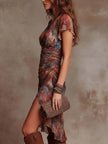 FJØRNA ruched midi desert dress with casual fit, featuring a relaxed design perfect for warm weather and everyday wear.