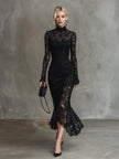 FJØRNA black lace fishtail maxi dress featuring intricate lace details and a fitted evening dress silhouette.