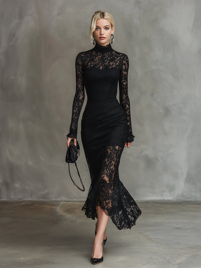 FJØRNA black lace fishtail maxi dress featuring intricate lace details and a fitted evening dress silhouette.